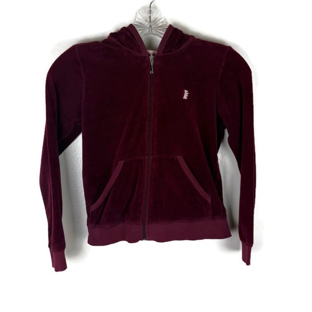 Juicy Couture Girl’s Velour Zip Up Long Sleeve Hoodie in Burgundy